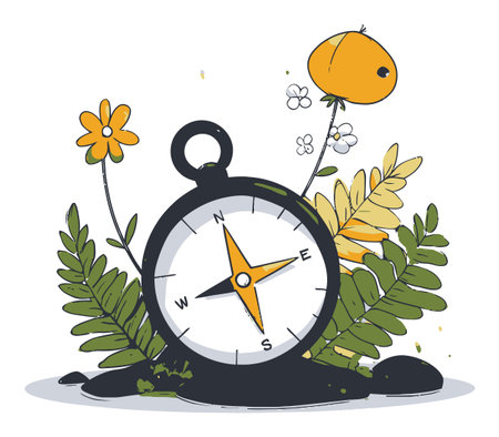 Explore nature with this vibrant vector illustration of a compass surrounded by flowers and leaves, ideal for travel and adventure themes.のイラスト素材