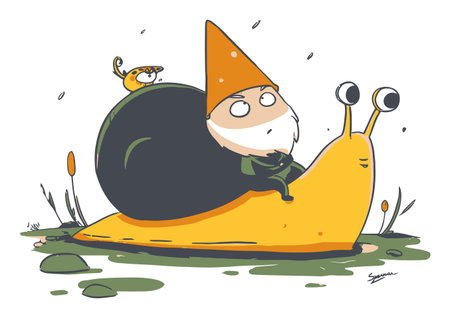 This whimsical flat vector illustration depicts a playful gnome riding a large snail with vibrant colors and charming details, perfect for a fun design project.のイラスト素材