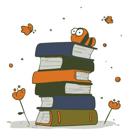 Delightful cartoon features a stack of colorful books with a cheerful worm and butterflies above, perfect for educational and playful themes in design.のイラスト素材