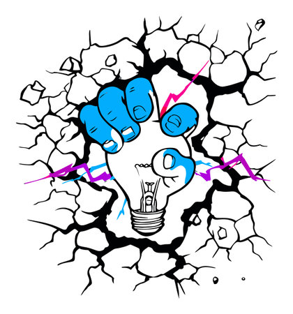 An eye-catching illustration of a blue hand grasping a light bulb emerging from a cracked surface, symbolizing creativity and innovation with vibrant colors and dynamic energy.のイラスト素材