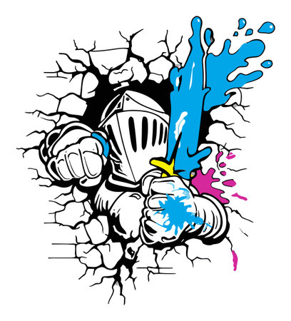 A dynamic illustration of a warrior knight breaking through a wall with a sword, surrounded by colorful paint splashes, symbolizing strength and creativity.のイラスト素材
