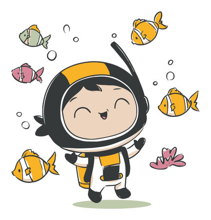 A charming cartoon astronaut character happily interacting with colorful fish, showcasing a playful design in a flat vector style, perfect for childrens themes.のイラスト素材