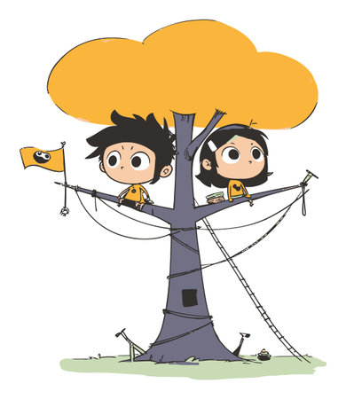 This vibrant illustration features two playful kids perched in a whimsical tree, exploring nature with a yellow cloud overhead. The fun scene evokes adventure and creativity.のイラスト素材