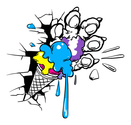 A vivid and playful illustration of an ice cream cone breaking through a wall, showcasing colorful scoops and a dynamic design, perfect for modern art lovers.のイラスト素材