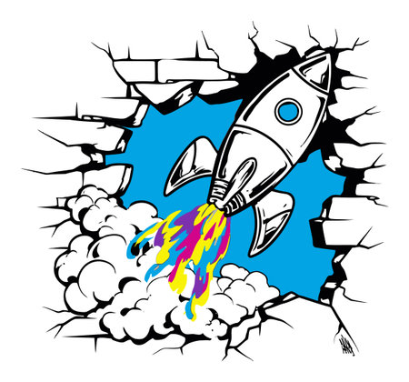 Vibrant vector illustration of a rocket bursting through a wall, showcasing dynamic colors and energy, perfect for expressing creativity and adventure.のイラスト素材