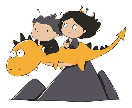 This playful flat vector illustration depicts two children joyfully riding a cartoon dragon over a mountainous landscape, embodying adventure and imagination.のイラスト素材