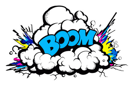 This vibrant comic style explosion illustration features a bold "Boom" text, colorful accents, and dynamic visuals perfect for creative projects or backgrounds.のイラスト素材