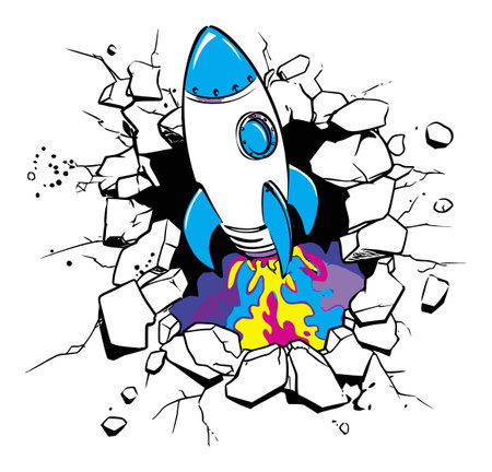 A vibrant illustration of a rocket launching through a cracked wall, showcasing a colorful explosion. This dynamic design brings energy and excitement to any creative project.のイラスト素材