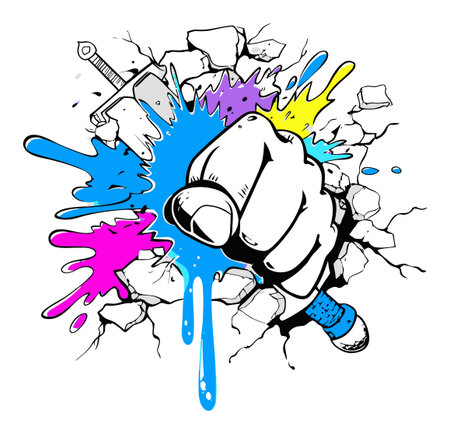 This dynamic illustration depicts a vibrant fist breaking through a wall, surrounded by colorful paint splashes. Perfect for creative projects or street art themes.のイラスト素材