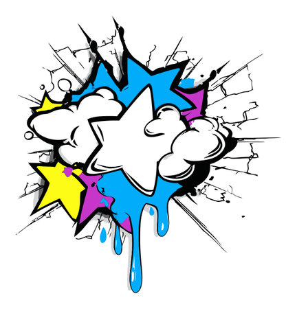 Dynamic and lively illustration showcasing stars and clouds with a burst effect in vibrant colors, perfect for creative projects and modern designs.のイラスト素材