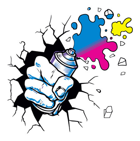 This vibrant illustration showcases a bold spray paint can breaking through a cracked wall, symbolizing creativity and urban expression. Perfect for artistic projects.のイラスト素材