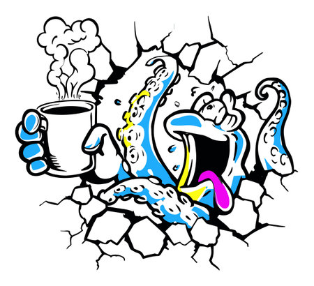 A whimsical cartoon octopus bursts through a cracked wall, joyfully holding a steaming cup of coffee. This colorful illustration combines humor and creativity, perfect for playful decor.のイラスト素材