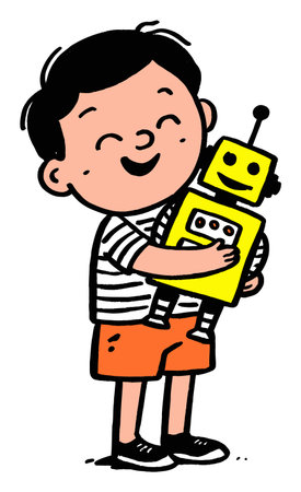 This vibrant flat vector illustration features a joyful child hugging a cheerful robot toy, embodying friendship and creativity in a playful style.のイラスト素材