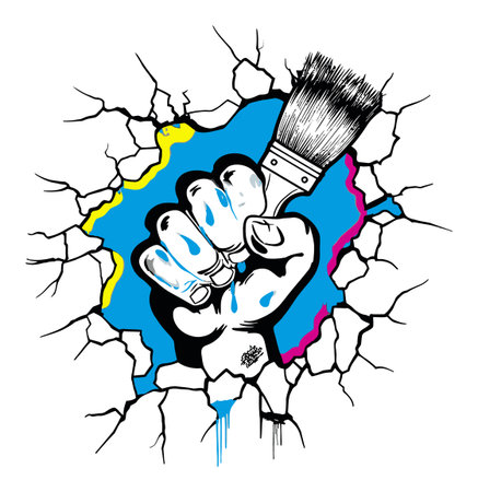 This vibrant illustration features a bold fist holding a brush, breaking through a cracked wall. Perfect for designs needing a touch of urban creativity and expression.のイラスト素材