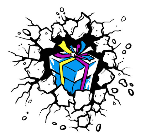 This dynamic illustration features a colorful gift box breaking through a wall, symbolizing surprise and celebration. Perfect for festive themes and creative projects.のイラスト素材