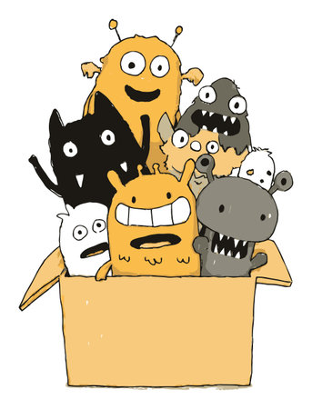This vibrant illustration features a box filled with playful cartoon monsters, each expressing unique emotions. Perfect for children's projects or fun designs.のイラスト素材