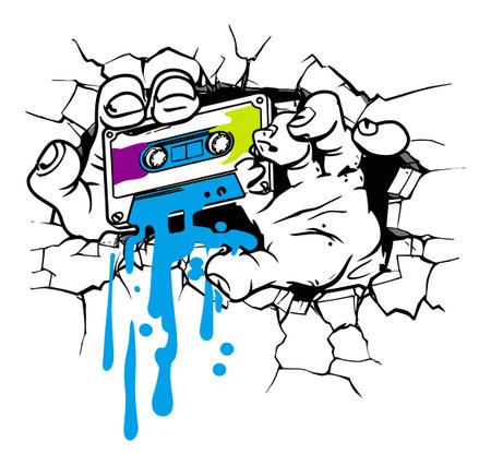 A striking illustration of a hand breaking through a wall, grasping a colorful cassette tape. This vibrant artwork captures urban essence and creative flair.のイラスト素材