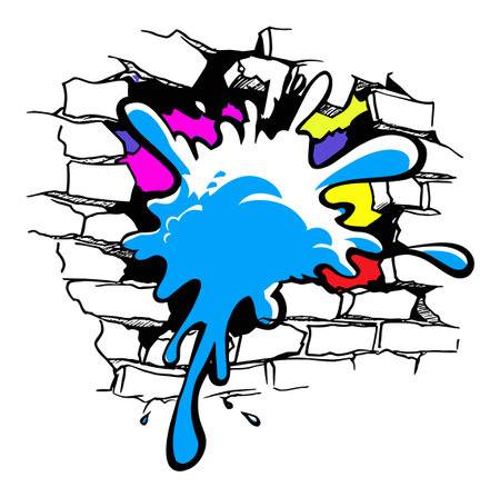 Vivid graffiti splash illustration bursting through a brick wall, showcasing intricate line art and vibrant colors. Perfect for urban-themed projects.のイラスト素材