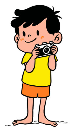 Cheerful illustration of a young boy holding a camera, embodying joy and creativity. This flat design is perfect for children's projects, showcasing playful moments.のイラスト素材
