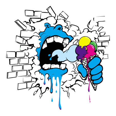This illustration features a playful monster bursting through a brick wall, joyfully enjoying an ice cream cone. The colorful design captures a fun and whimsical vibe, perfect for creative projects.のイラスト素材