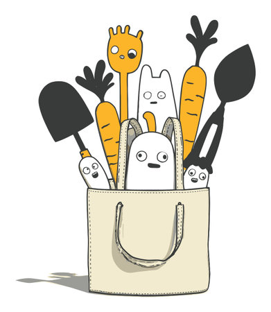 This playful vector illustration features a bag filled with cheerful cartoon characters and gardening tools, showcasing a fun and creative vibe perfect for various designs.のイラスト素材
