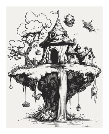 Discover the enchanting beauty of a whimsical house on a floating island, complete with a waterfall and quirky tree, perfect for fantasy lovers and artists.のイラスト素材
