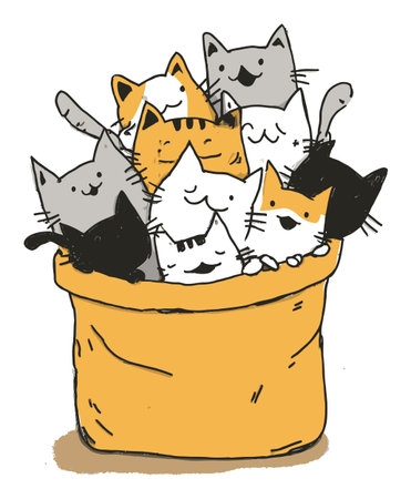 A delightful cartoon illustration featuring a cozy pile of cute cats in a bucket, showcasing their playful and friendly nature. Perfect for pet lovers!のイラスト素材