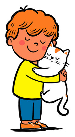 A vibrant flat vector illustration depicting a cheerful boy lovingly hugging a white cat, showcasing the joy of companionship and childhood innocence.のイラスト素材