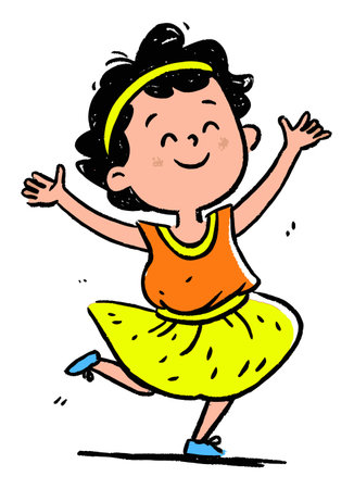 A vibrant illustration of a joyful child dancing in a bright outfit, radiating happiness and energy. Perfect for themes of childhood, celebration, and fun.のイラスト素材