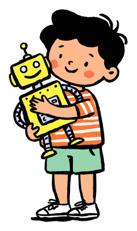 A cheerful young boy embraces a colorful robot toy, showcasing joy and friendship. This delightful illustration captures the essence of childhood play and imaginative exploration.のイラスト素材