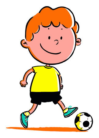 This colorful illustration features a cheerful boy playing soccer, showcasing joy and activity. Perfect for projects related to childhood, sports, and fun.のイラスト素材