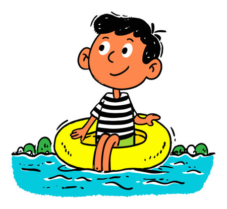 A cheerful cartoon illustration of a young boy sitting in a yellow inner tube while floating in the water. Perfect for summer themes.のイラスト素材
