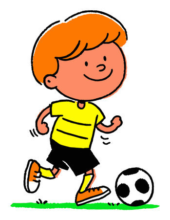 A vibrant cartoon illustration of a cheerful boy running with a soccer ball, wearing a bright yellow shirt and orange hair, perfect for playful designs.のイラスト素材