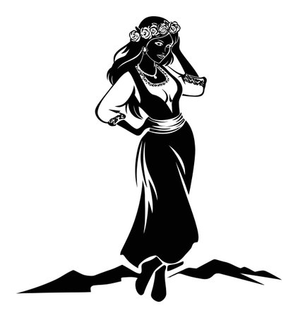 This elegant silhouette features a woman in a traditional dress with a floral headpiece, capturing beauty and cultural charm through artful design.のイラスト素材