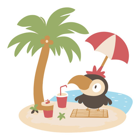 This vibrant cartoon illustration features a toucan relaxing on a tropical beach under a palm tree with drinks, perfect for summer themes.のイラスト素材