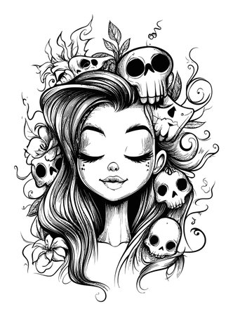 This intricate black and white illustration features a serene girl surrounded by skulls and flowers, showcasing a unique blend of beauty and dark themes. Perfect for artistic projects.のイラスト素材