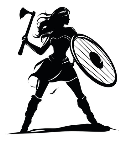 Powerful silhouette of a warrior woman holding an axe and shield, symbolizing strength and courage. Ideal for themes of empowerment and bravery in design.のイラスト素材