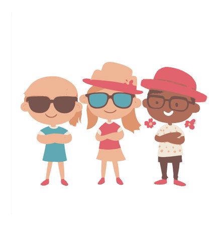 This lively vector illustration features three cartoon characters sporting sunglasses and stylish hats, embodying friendship and summertime fun.のイラスト素材