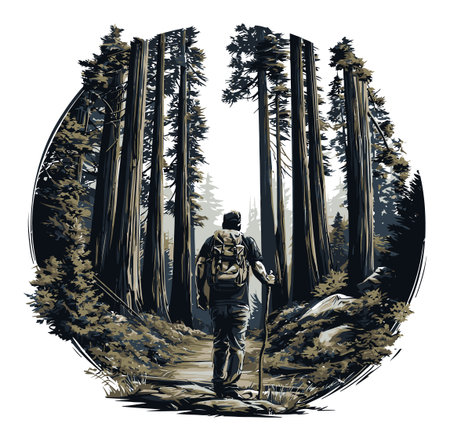 Enjoy a unique cartoon-style illustration of an adventurer trekking through a serene forest setting. This vector design captures the essence of nature and exploration.のイラスト素材