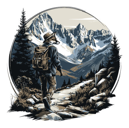 Explore the whimsical world of nature with this vector art featuring a fox character hiking through a stunning mountainous landscape, perfect for adventure themes.のイラスト素材