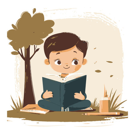 A charming cartoon illustration of a happy child reading a book, surrounded by nature. The scene exudes joy and curiosity, perfect for educational content.のイラスト素材