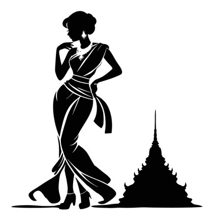 This graphic features a graceful silhouette of a woman in traditional attire with an elegant pose alongside a temple outline, perfect for cultural themes.のイラスト素材