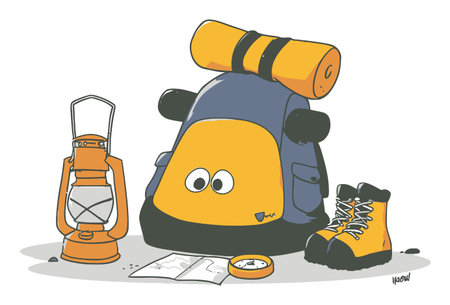 Colorful cartoon illustration showcasing camping gear including a backpack, lantern, map, and hiking boots. Perfect for travel and outdoor adventure themes.のイラスト素材