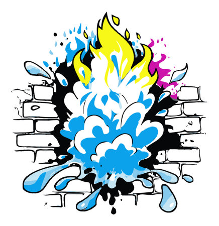 This dynamic illustration features a vibrant burst of flames and water, perfect for eye-catching wall art or unique creative projects.のイラスト素材