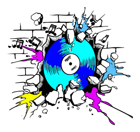 This vibrant illustration features a vinyl record breaking through a wall, surrounded by colorful paint splashes. It perfectly captures the essence of urban music culture and creativity.のイラスト素材