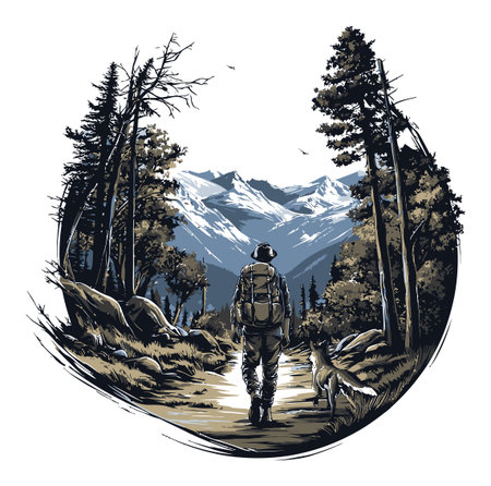 A cartoon-style illustration of a backpacker walking a dog along a path in a beautiful mountain landscape. Ideal for themes of adventure and nature exploration.のイラスト素材