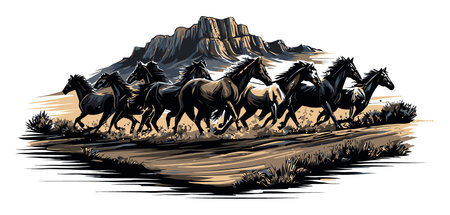 Dynamic vector cartoon illustration of a group of running horses in a desert landscape. Ideal for wildlife themes, art projects, and creative designs.のイラスト素材