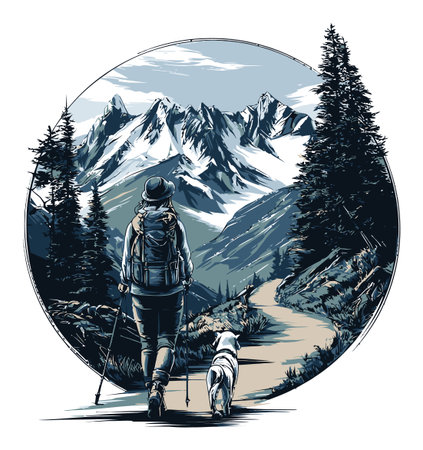 A detailed vector illustration showcasing a woman hiking with her dog in a serene mountain landscape. Perfect for themes of adventure and nature.のイラスト素材