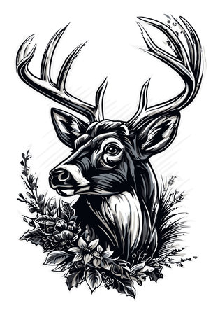 A stunning black and white illustration of a deer head surrounded by intricate floral elements. Ideal for nature-themed design and wildlife art projects.のイラスト素材