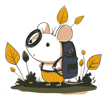 Adorable cartoon mouse character wearing a backpack and holding a magnifying glass, exploring a vibrant world filled with colorful leaves and grass. Perfect for children's themes!のイラスト素材